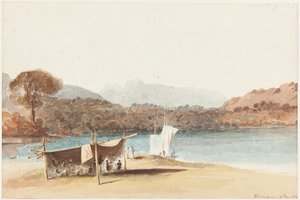 Windermere Gölü kıyısındaki piknik, 1822 (kağıt üzerinde wc) by John Harden