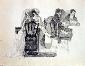 Bir iç mekanda iki grup (kağıt üzerine mürekkep) by John Harden