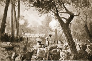 Vekili-Lance-Onbaşı Barker, kendisi tarafından toplanan bir partiye, ağır mermi ve makineli tüfek ateşi altında bir iletişim siperi açmasına yardım ediyor by John Harris Valda