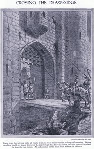 Asma köprüyü geçmek. Her kasabanın güçlü duvarları ve bir hendeği, bir asma köprüsü ve savunma için bir parmaklığı vardır, c.1950 by John Harris Valda