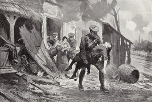 Topçu J Rafferty, yaralı bir kadını bombalanan bir çiftlik evinden güvenli bir yere taşıyor, Birinci Dünya Savaşı by John Harris Valda