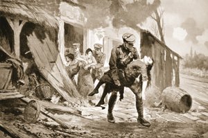 Topçu Rafferty, yaralı bir kadını bombalanan bir çiftlik evinden güvenli bir yere taşıyor (lito) by John Harris Valda