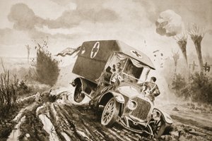 Er Adams, ateş altındayken bir mermi deliğine giren bir motorlu ambulansta yaralıların yardımına gidiyor by John Harris Valda