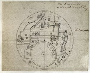 John Harrison (1693-1776) tarafından H4 zaman tutucunun hareketinin düzeninin çizimi, c.1759 (kağıt üzerine kalem ve mürekkep)