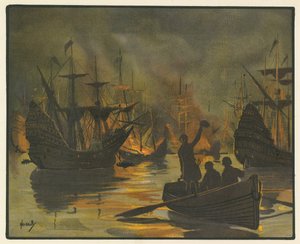 Ateş gemileri tarafından saldırıya uğrayan yenilmez Armada (renkli taş) by John Hassall