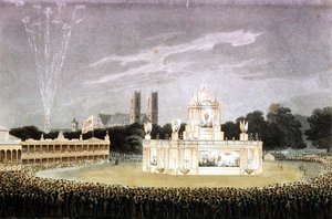 Napolyon'un yenilgisini kutlamak için Green Park'ta düzenlenen havai fişek gösterisi, Matthew Dubourg pub tarafından oyulmuş. 1814 (gravür)