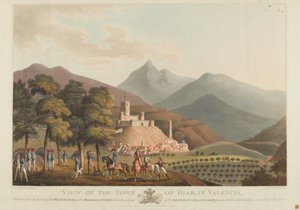 Dubourg tarafından oyulmuş Briar, Valensiya kasabasının bir görünümü, 1814 (renkli aquatint)