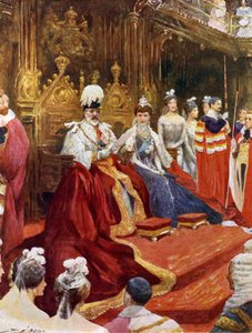 The King opening Parliament (colour litho)