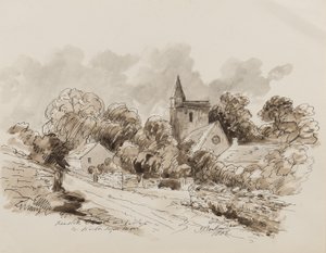 Kewstoke Kilisesi ve Köyü, Weston Super Mare, Somerset, 1882 (kağıt üzerinde kalem, fırça ve mürekkep) by John Joseph Barker