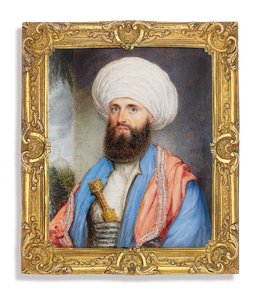 James Silk Buckingham (1786-1855), açık mavi ceketli beyaz gömlekli, omuzlarında pembe işlemeli şal ve kuşağına sabitlenmiş bir hançerli beyaz bir türban, camili manzara arka planı by John Jukes