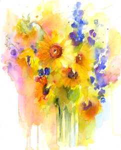 Ayçiçekleri ve delphinium, 2016, (suluboya)