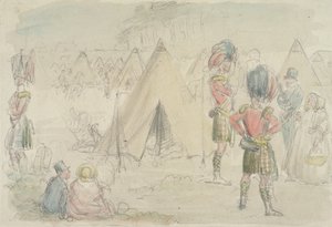 Highland Regiment in Camp (wc and graphite on paper) by John Leech