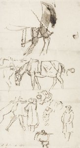 Atlar, İnsanlar ve Arabalar Çalışmaları, 1811 (kağıt üzerine kalem ve kahverengi mürekkep) by John Linnell