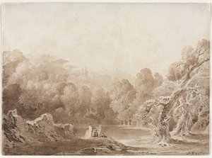Bir Gölün Yanında Diğer Figürlerle Arp Çalan Bir Adam, 1820. by John Martin