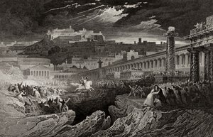 Marcus Curtius, H. Le Keux tarafından oyulmuş uçuruma doğru ilerliyor by John Martin