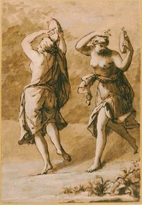 Two Maenads, A Study (kağıt üzerinde beyaz vurgular ve kahverengi mürekkeple kahverengi yıkama) by John Michael Rysbrack
