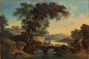 Kale ve Köprü ile manzara, yaklaşık 1808-20 (Guaj ve sulu boya) by John Oldfield