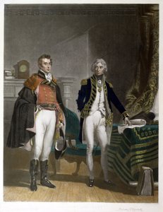 Tümgeneral Sir Arthur Wellesley ve Koramiral Horatio Nelson arasında bir toplantı, Eylül 1805, Samuel William Reynolds (1794-1872) tarafından oyulmuş, pub. kaydeden AJ Isaacs by John Prescott (after) Knight