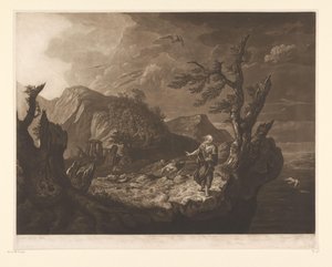 Bir uçurumun kenarında ozan ile fırtınalı manzara by John Raphael Smith