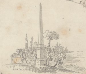 Uzakta Çatıları ve Ağaçları Olan Bir Dikilitaş by John Robert Cozens
