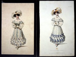 Bir moda plakasının eskizi ve baskısı, c.1829 (kağıt üzerine kurşun kalem ve sulu boya ve elle boyanmış gravür)