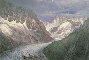 Solda Aiguille du Moine ve sağda Grandes Jorasses ile Mer de Glace