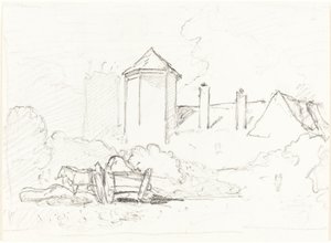 Ön Planda Arabalı ve Atlı Binaların Kroki by John Sell Cotman