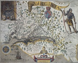 Virginia Haritası: John Smith (1580-1631) tarafından Hintli şef Powathan'ın kulübesinin içini gösteren ek (sol üst) by John Smith