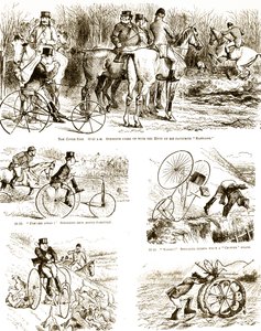Üç tekerlekli bisikletle avlanan bir adamı betimleyen bir çizgi film. John Tenniel (1820-1914) bir İngiliz illüstratör, grafik mizahçı ve politik karikatürist tarafından resmedilmiştir. by John Tenniel