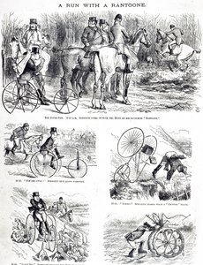 Üç tekerlekli bisikletle avlanan bir adamı betimleyen bir çizgi film. John Tenniel (1820-1914) bir İngiliz illüstratör, grafik mizahçı ve politik karikatürist tarafından resmedilmiştir. by John Tenniel