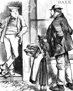 Bir baba ve kızı, pişirilmek üzere yerel fırıncıya kızartma için yiyecek getiriyor by John Tenniel