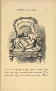 Alice bir kedi yavrusu ile oynarken bir sandalyede oturuyor. by John Tenniel