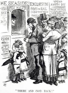 Aşırı kalabalık gezi trenlerindeki kazaların sıklığı hakkında yorum yapan çizgi film by John Tenniel