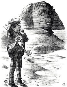 Başbakan Benjamin Disraeli'nin Süveyş Kanalı'nı İngilizlerin Hindistan'daki hakimiyeti ve nüfuzunun anahtarı olarak tuttuğunu gösteren karikatür by John Tenniel