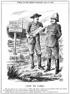 Cecil John Rhodes (1852-1902) İngiliz doğumlu Güney Afrikalı devlet adamı, Alman imparatorundan Alman Doğu Afrikası üzerinden bir telgraf hattı işletmek için izin istiyor. Cape To Kahire, John Tenniel