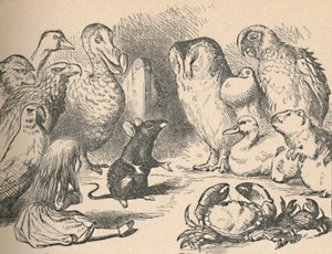 Bir Kafkas Yarışı ve uzun bir kuyruk bölümü için çizim. Alice ve çeşitli yaratıklar gibi by John Tenniel