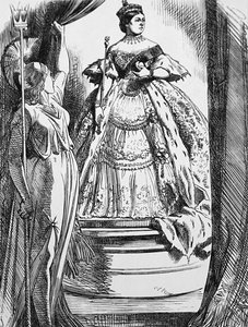 Kraliçe Victoria, Britanya tarafından uzun yasının ardından dünyaya geri dönmesi için çağrıda bulunuyor. by John Tenniel