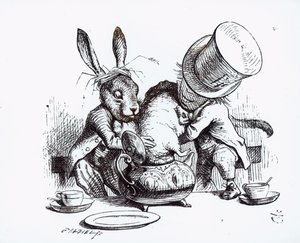 Çılgın Şapkacı ve Mart Tavşanı Fındık Faresini Çaydanlığa Yerleştiriyor, Lewis Carroll