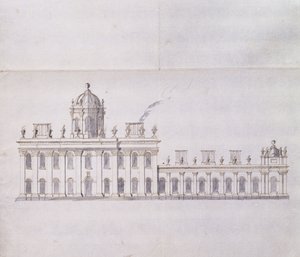 Castle Howard, Yorkshire: Ön Avlu Kanatlarının Gelişimini gösteren Şematik bir kalem Eskiz, c.1699 (kalem ve kahverengi mürekkep ve gri yıkama) by John Vanbrugh