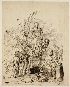 Bahçede Heykelin Yanında Oynayan Çocuklar by John Vanderbank