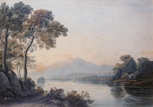 Killarney Gölü Kıyısında Köpekli Figürler (suluboya) by John Varley