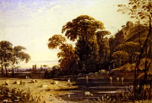 Tepedeki Kule Manzarası (kağıt üzerine suluboya) by John Varley