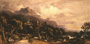 Kale ve dağ ile manzara (suluboya) by John Varley
