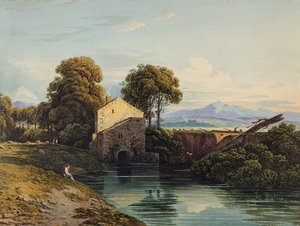 Uzak Kale ve Tepeler ile Su Değirmeni by John Varley