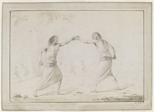 (Tüm çizim) İki adam boks yapıyor, seyirciler yarım daire şeklinde oturuyor ve arka planda belli belirsiz palmiye ağaçları çiziliyor by John Webber