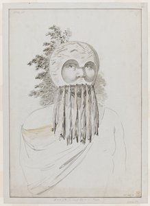 Sandviç Adaları'ndan maskeli bir adam. Gözler için kesikli kase başlığından oluşan Maskeli Sandviç Adaları'ndan bir adam. by John Webber