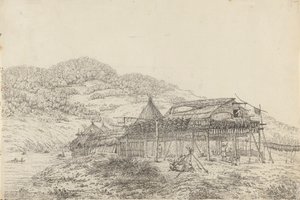 Balaganlar veya Balık Kurutma Yöntemiyle Yazlık Evler, St. Peter ve Paul, Kamtschatka'da by John Webber