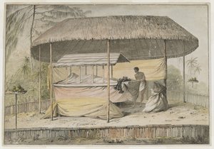 Oheitepeha Şefi Waheiadooa, eyalette yatıyor, Kaptan Cook tarafından 19 Ağustos 1777'de Tahiti'ye yaptığı ziyaret sırasında kaydedildi. Çim çatılı bir tente ile korunurlar ve alçak bir p ile çevrilidirler. by John Webber