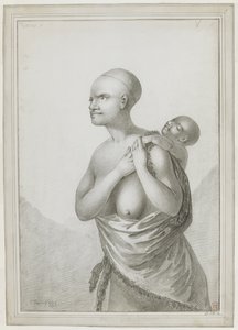 [Tam çizim] Sırtında bir çocuk taşıyan, sol omzundan beline bir deri sarkan Tazmanyalı bir kadın. Ocak 1777 by John Webber