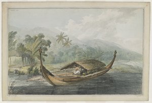 [Tüm çizim] Ulietea'nın [Raiatea] bir kanosu. Yerel sepetleri olan bir adam, sazdan çatılı bir destek ayağı 'pahi'nin kalasları üzerinde oturuyor. Baş ve kıç kısmı oyulmuş, oturan bir ti'i figürü ile örtülmüştür. Arka planda kıyıya çekilmiş by John Webber